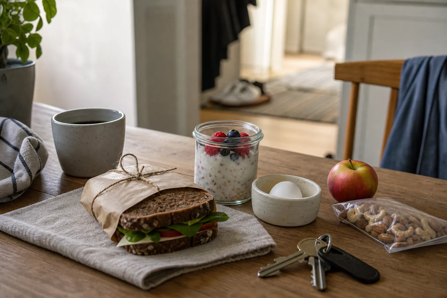 En förberedd frukost på ett köksbord med en inpackad smörgås, yoghurtburk med bär, ägg, äpple, nötter och nycklar.
