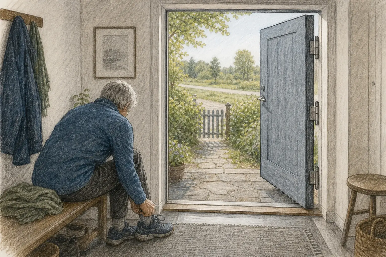 Färglagd kolkritsillustration av en äldre person som knyter promenadskorna i hallen vid en öppen ytterdörr mot en grön gångväg.