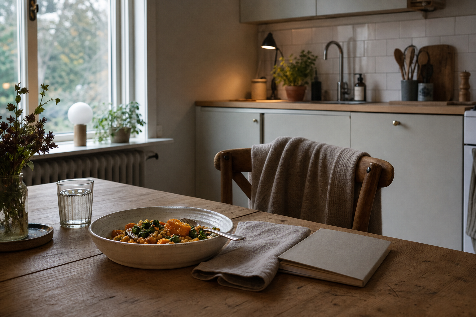 En enkel måltid på ett köksbord med en stängd anteckningsbok, en linneservett och en stickad tröja över en stol.