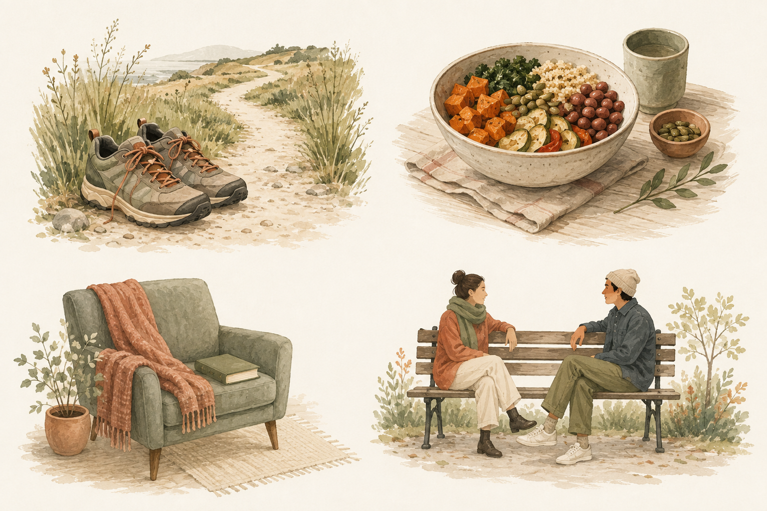 Fyra illustrationer visar promenadskor vid en stig, en enkel måltid, en fåtölj med bok och två personer i samtal.