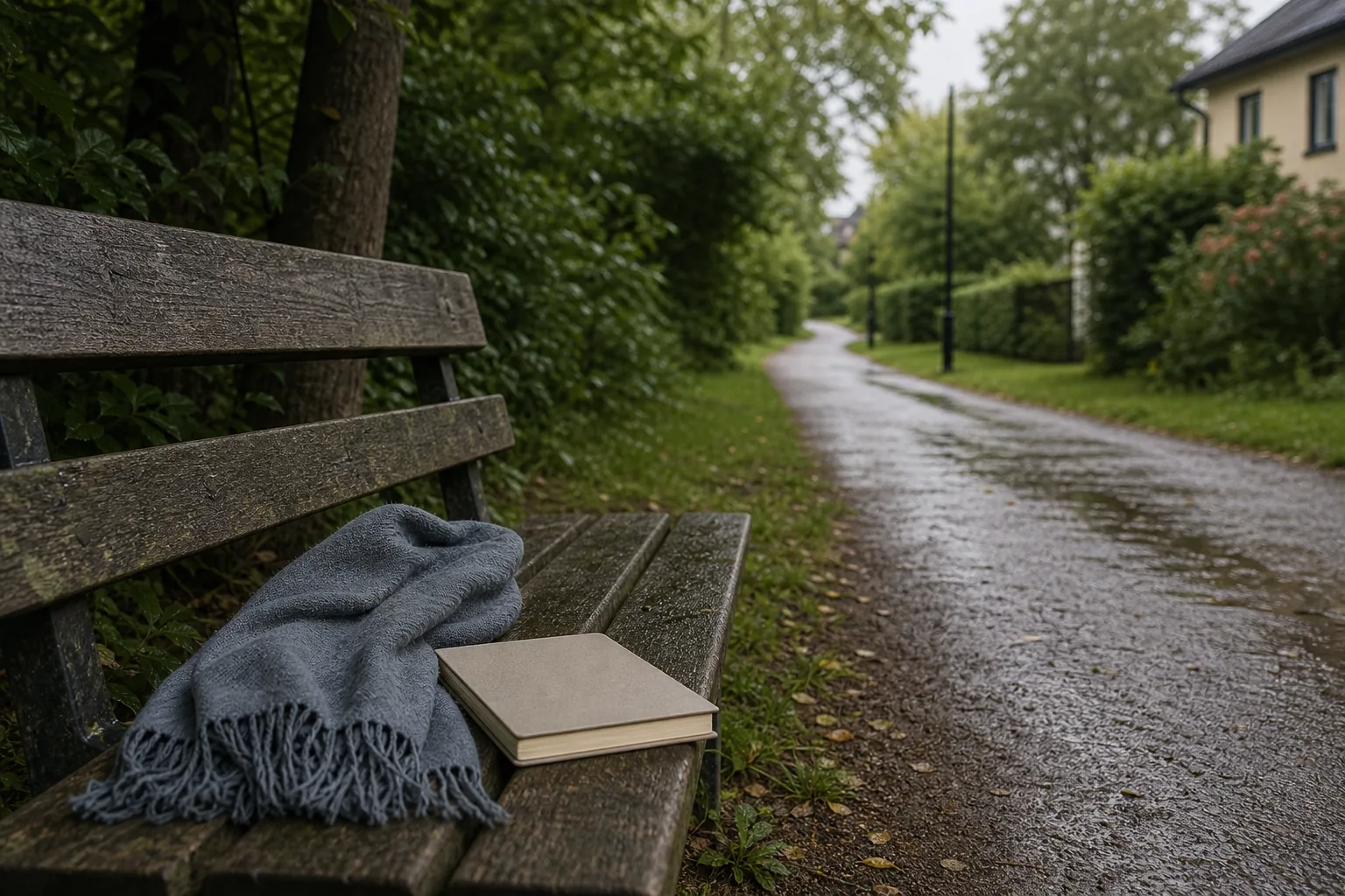 En tom parkbänk med scarf och anteckningsbok står vid en stilla gångväg efter regn.