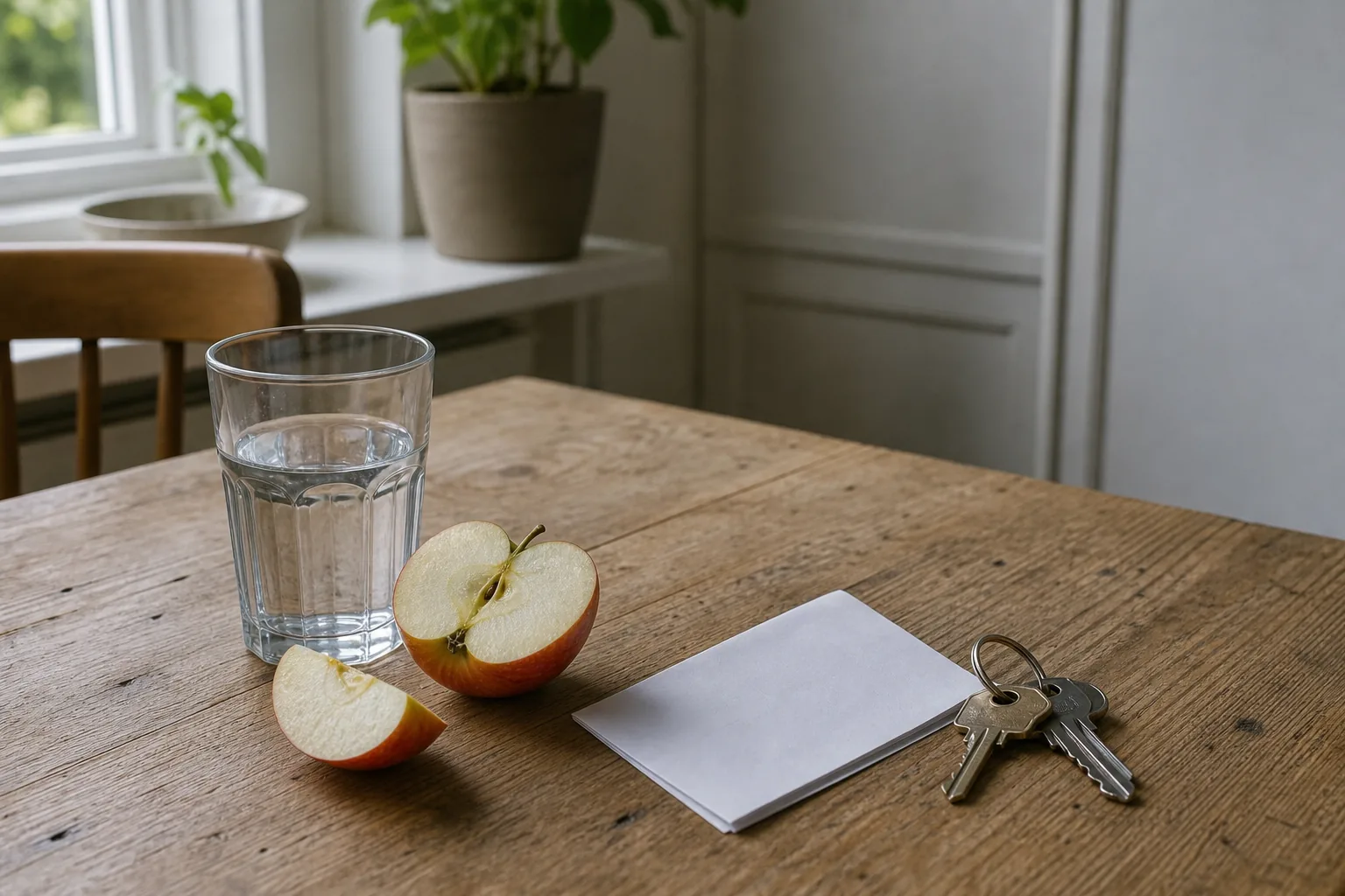 Ett glas vatten, ett äpple, nycklar och en blank lapp ligger på ett köksbord.