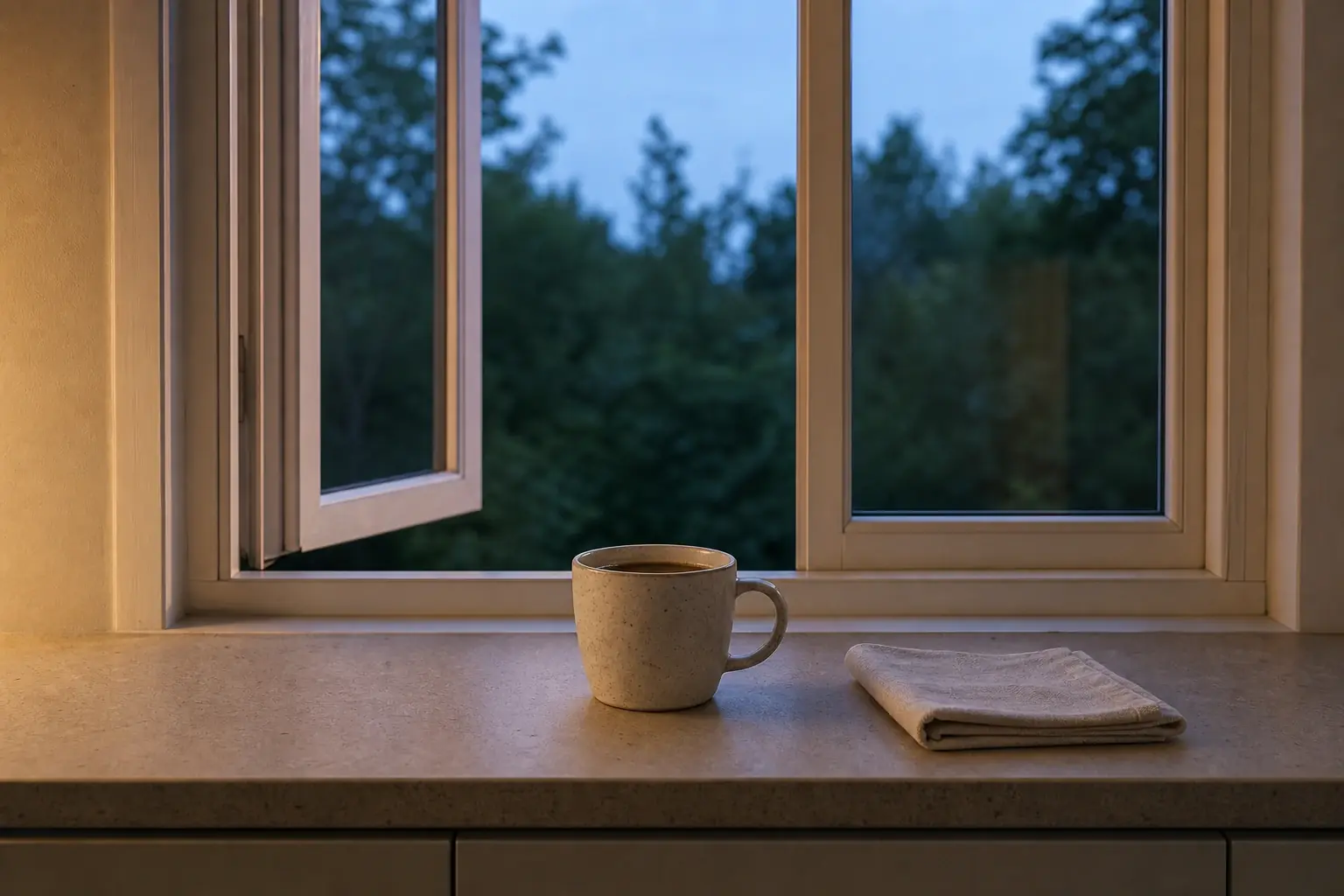 Ett omärkt keramikkrus med kaffe står på en ljus köksbänk vid ett öppet fönster, med en vikt linneservett bredvid och grönska i kvällsljus utanför.