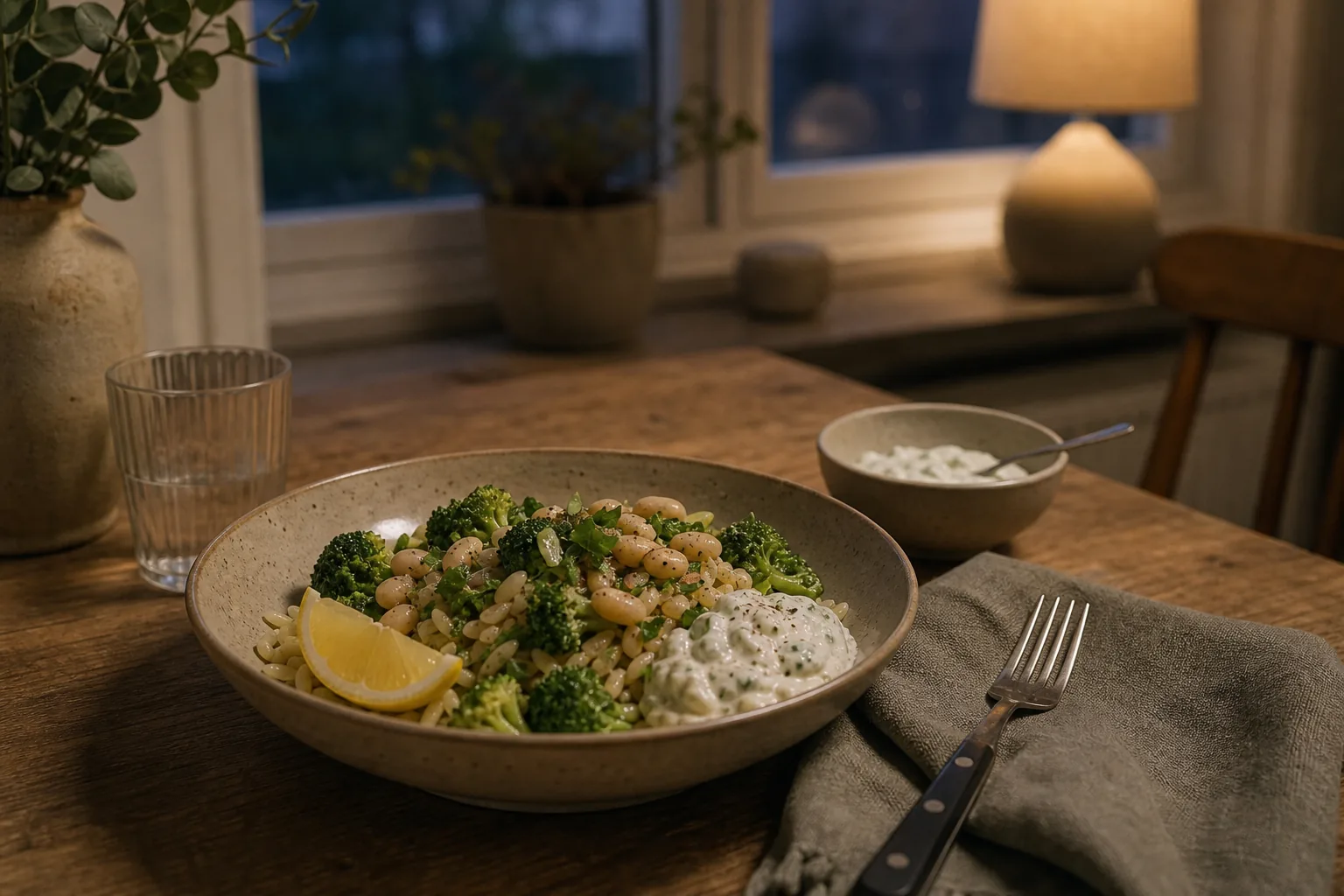 En varm skål med pasta, gröna grönsaker, bönor, citron och örter står på ett köksbord.