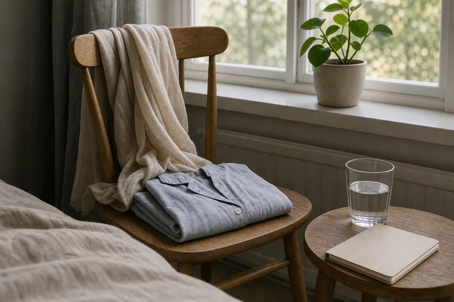 En linneskjorta, scarf, anteckningsbok och ett glas vatten ligger vid ett sovrumsfönster.