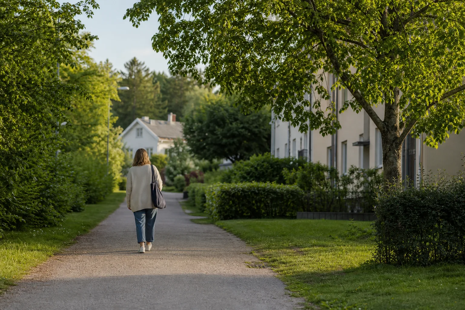En person promenerar i lugn takt på en grön gångväg i ett nordiskt bostadsområde.