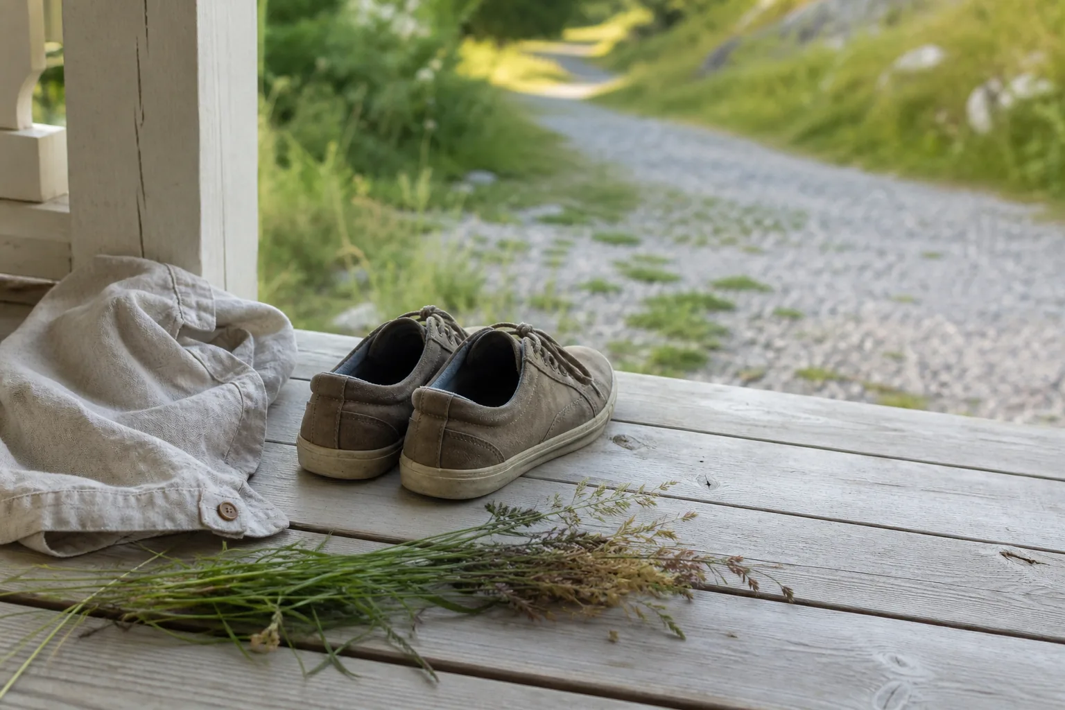 Ett par promenadskor står på en ljus träveranda med en grusväg och sommargrönska i bakgrunden.
