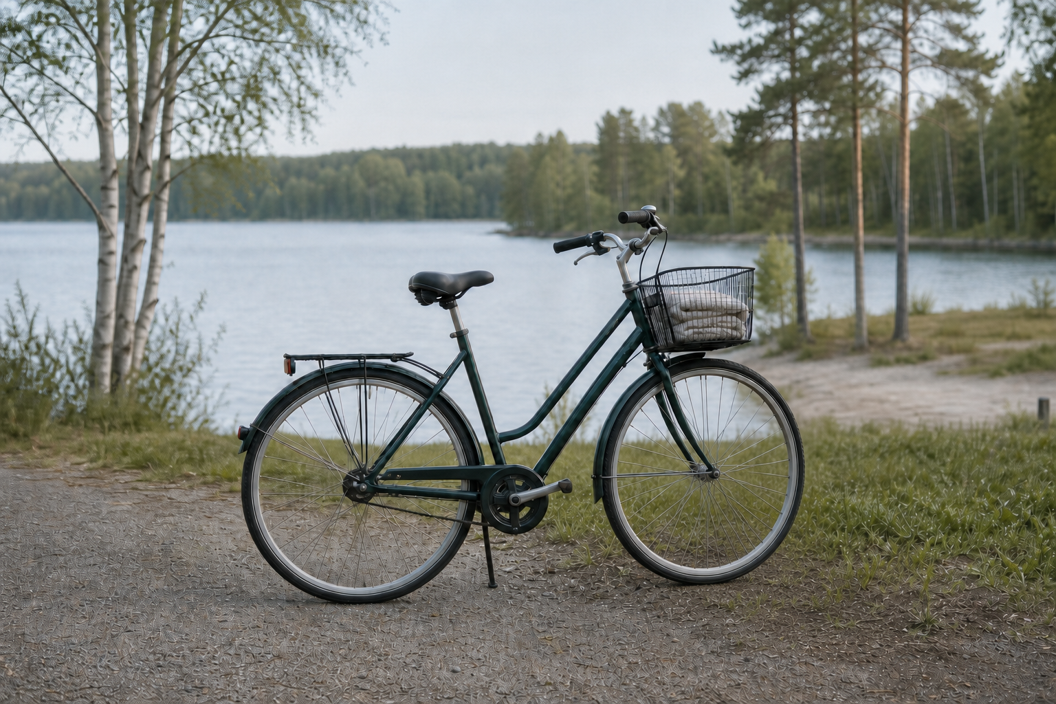 Mörkgrön vardagscykel med handduk i framkorgen, stående på sitt cykelstöd vid en stilla sjö.
