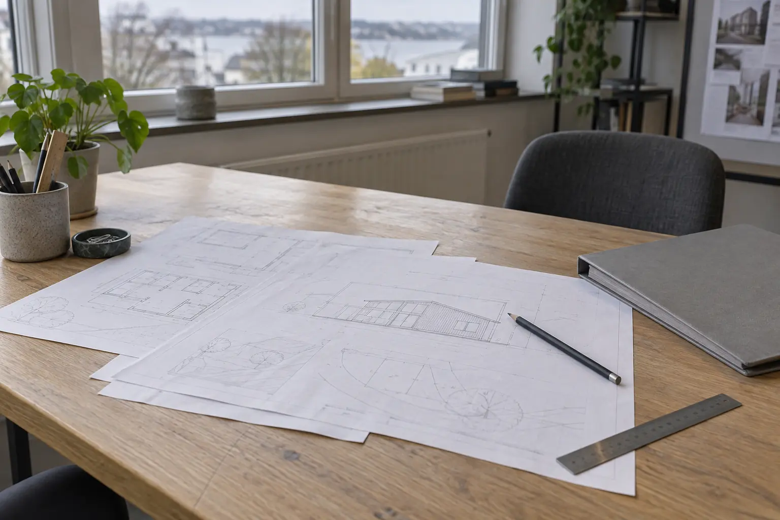 Ritningsunderlag, penna, linjal och en grå pärm på ett arbetsbord vid ett fönster.