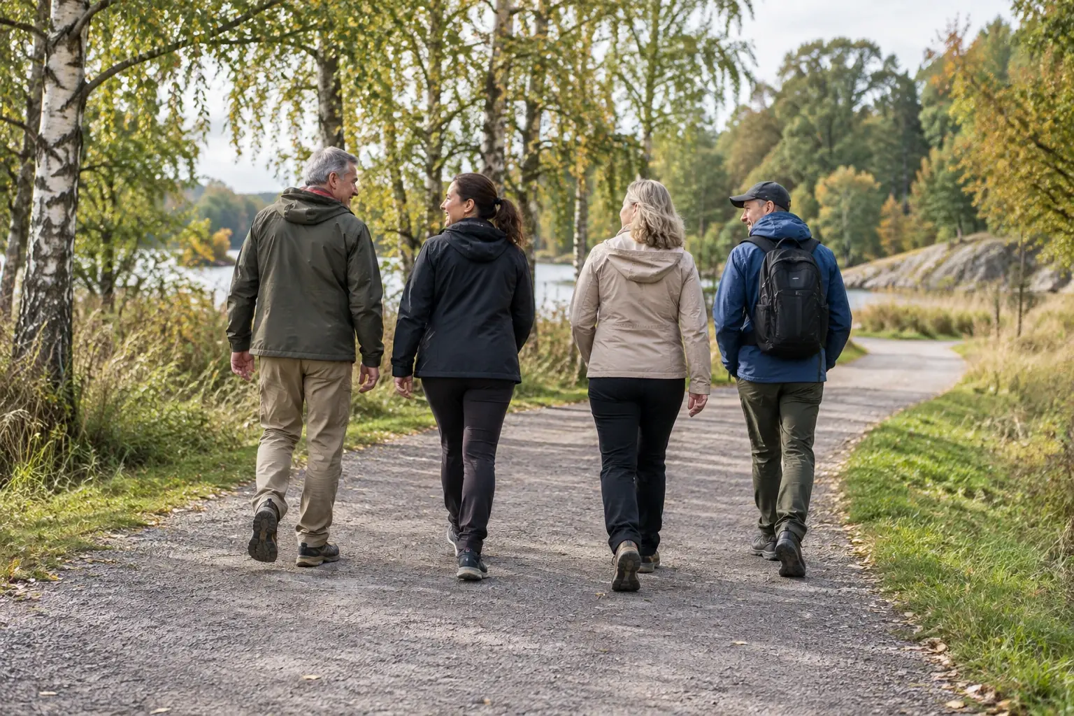 Fyra vuxna promenerar tillsammans på en grusväg bland björkar vid en sjö.
