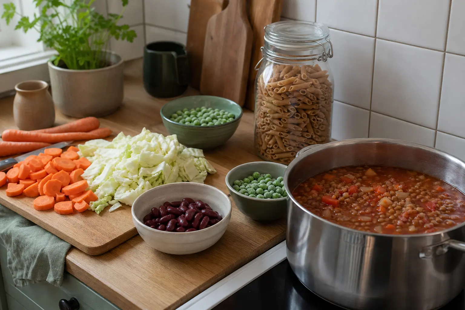 En enkel vardagsmåltid förbereds i ett nordiskt kök med linssoppa, hackad morot och kål, bönor, frysta ärter och fullkornspasta utan etiketter.