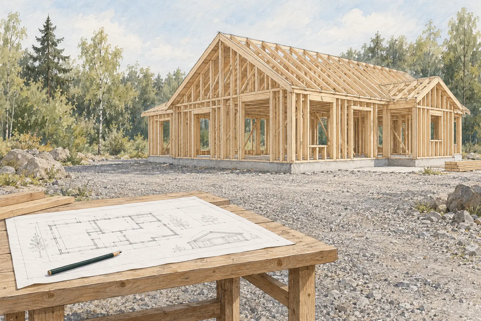 Illustration av en villa under uppförande med trästomme och ritningar på ett arbetsbord i förgrunden.